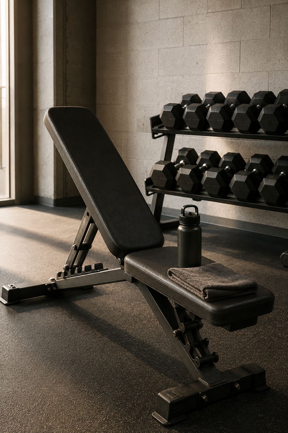 An adjustable bench beside a dumbbell rack in an empty gym with a folded towel and water bottle