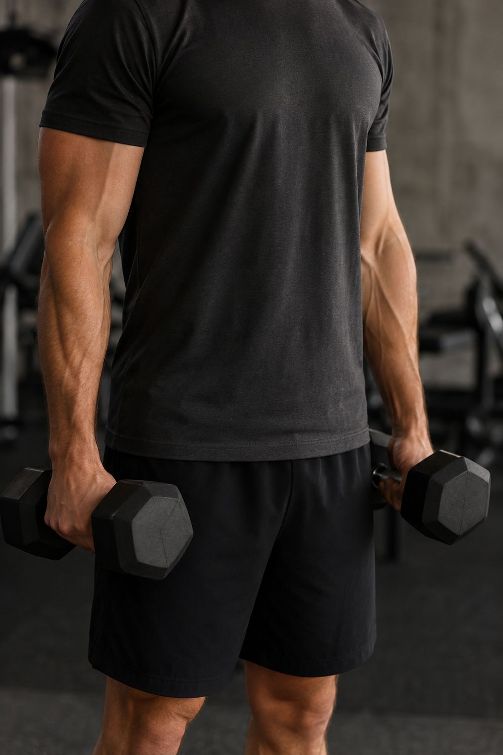 A person holding a pair of moderate dumbbells at their sides in a gym, cropped above the chest