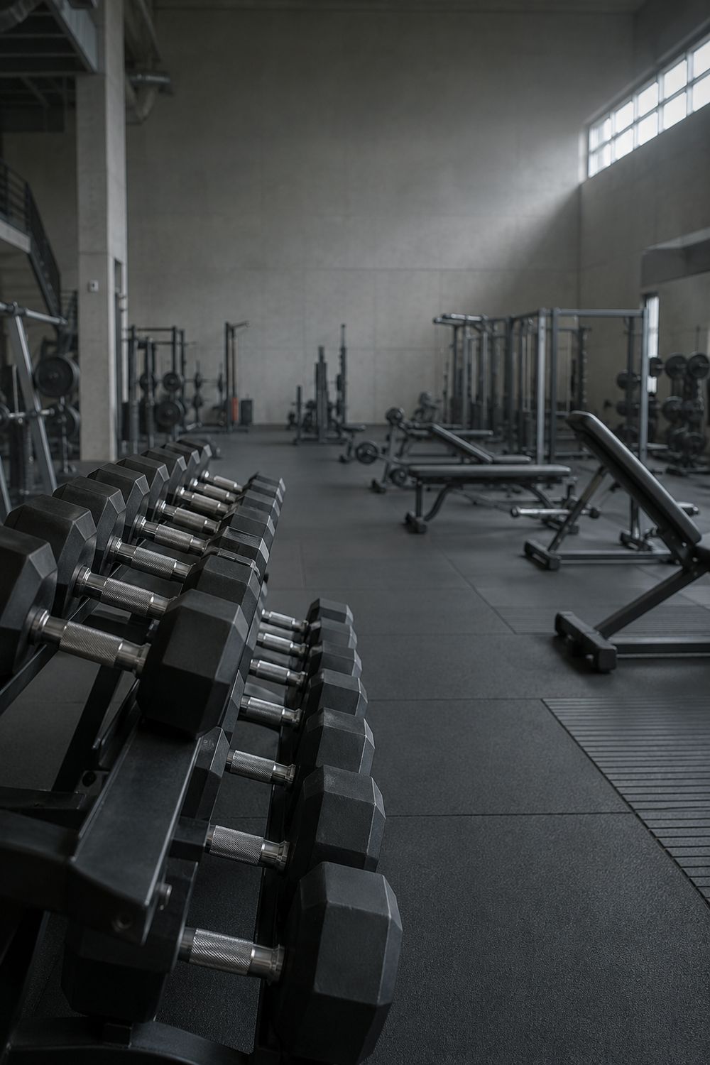 A rack of dumbbells in the foreground of a quiet gym floor early in the morning