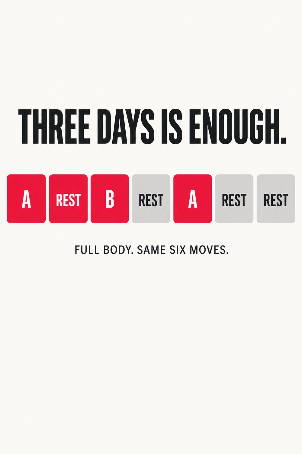 A weekly schedule graphic showing a three-day beginner gym split — Workout A, rest, Workout B, rest, Workout A, then two rest days