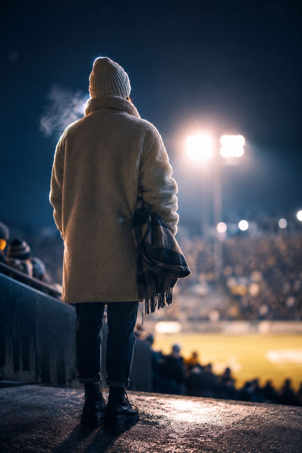 Person in a teddy coat and beanie holding a blanket at a cold night football game under floodlights