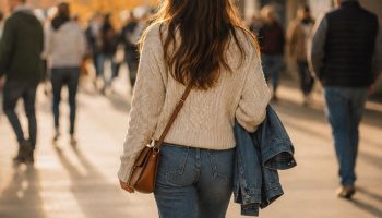 Woman in a cream knit sweater and jeans walking through a stadium concourse on a game day afternoon