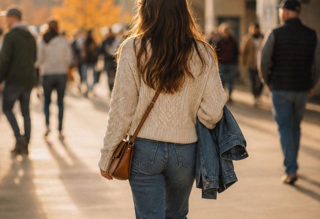 Woman in a cream knit sweater and jeans walking through a stadium concourse on a game day afternoon
