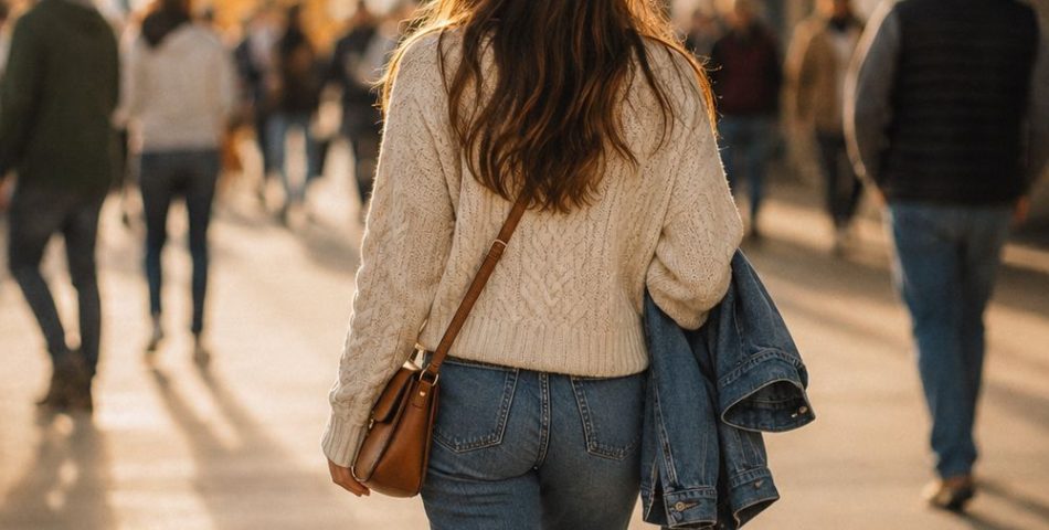 Woman in a cream knit sweater and jeans walking through a stadium concourse on a game day afternoon