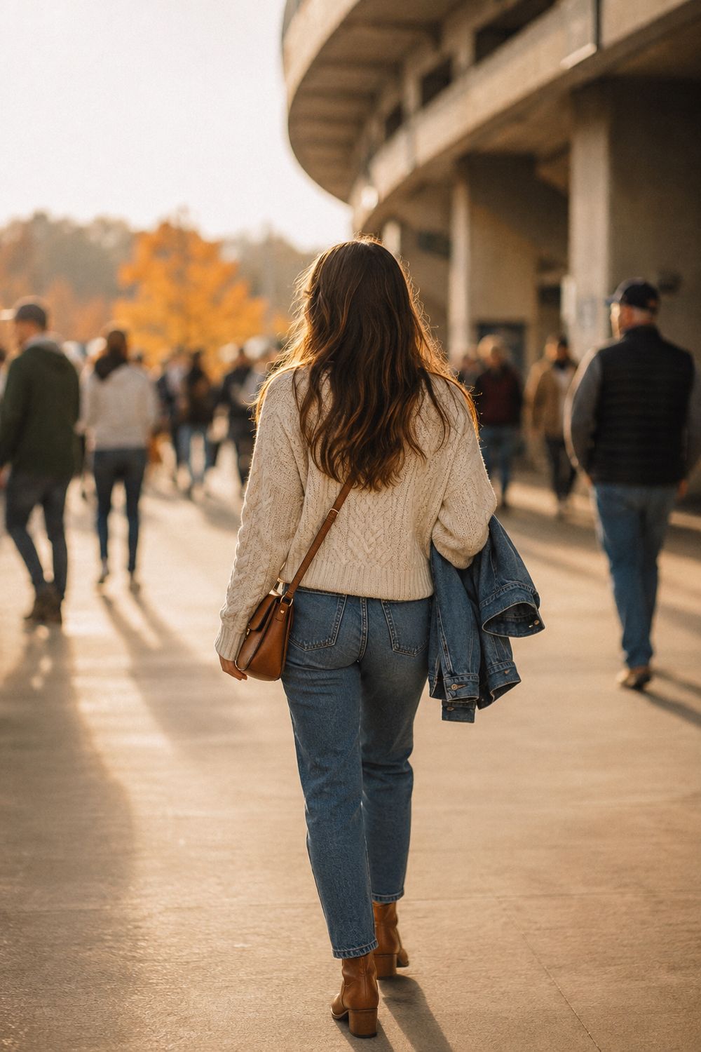 Woman in a cream knit sweater and jeans walking through a stadium concourse on a game day afternoon