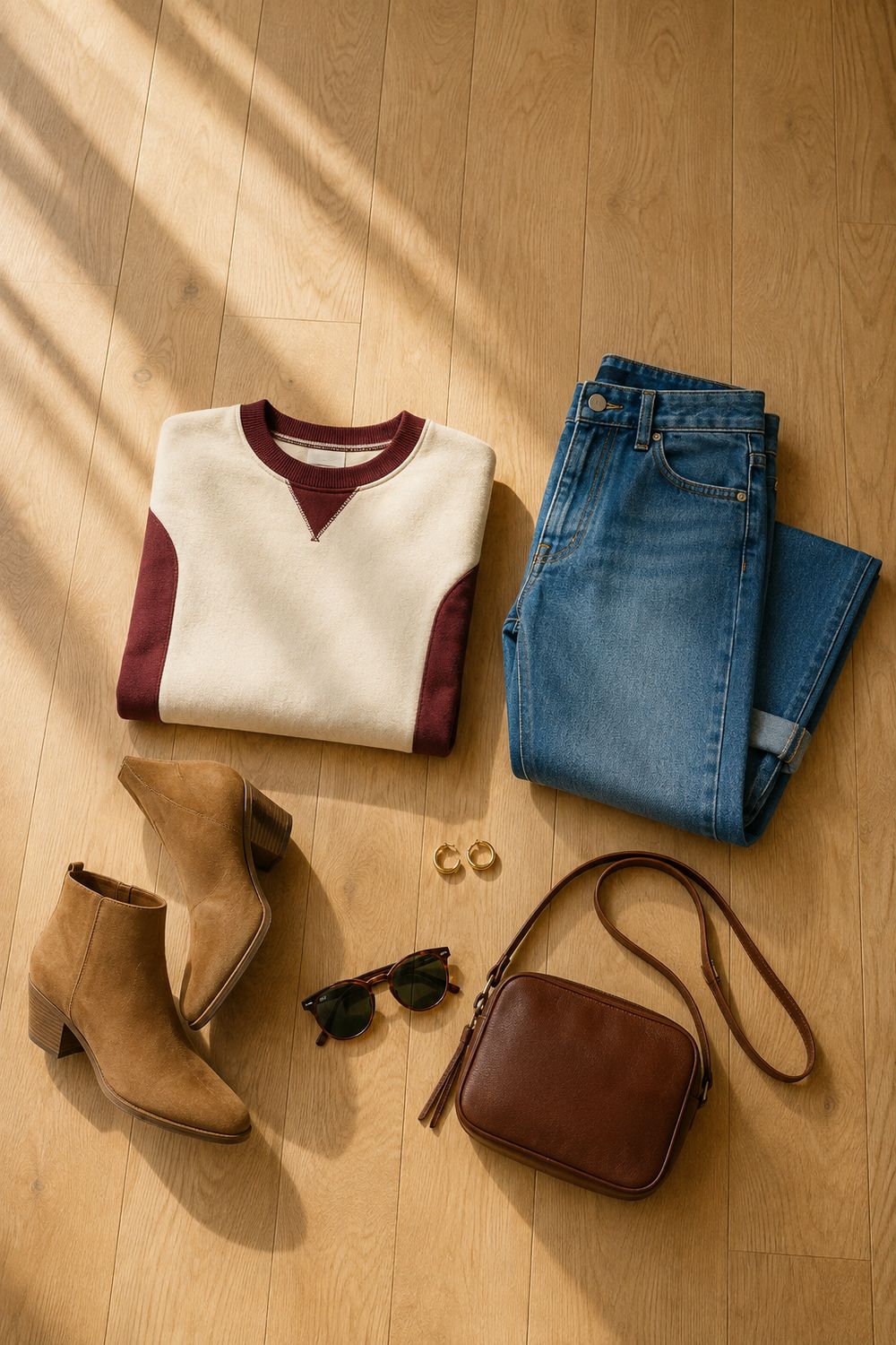 Flat-lay of an autumn game day outfit with a cream and burgundy sweatshirt, jeans and tan boots
