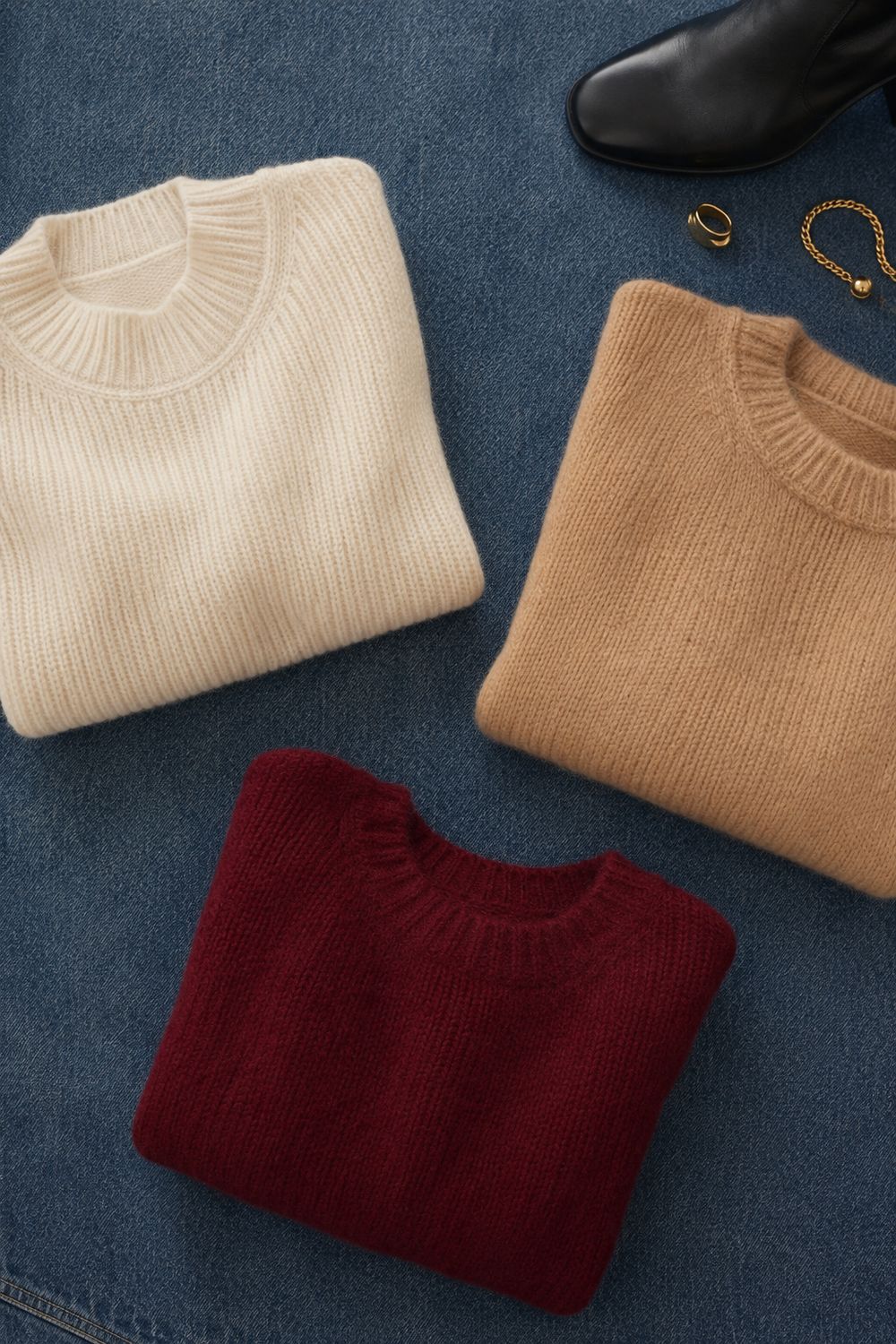 A flat lay of cream, camel and deep crimson knitwear on raw denim with a black leather boot and gold jewellery