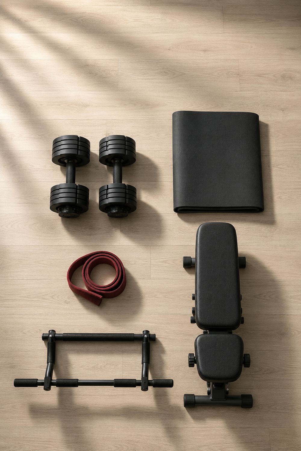 A flat lay of essential home gym equipment — adjustable dumbbells, resistance bands, a mat and a kettlebell