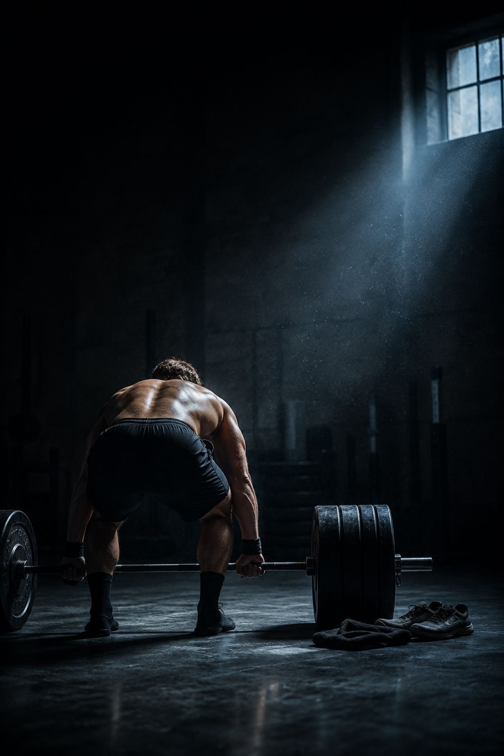 Athlete standing at a loaded barbell in a dark gym at dawn, ready to begin a hybrid training session