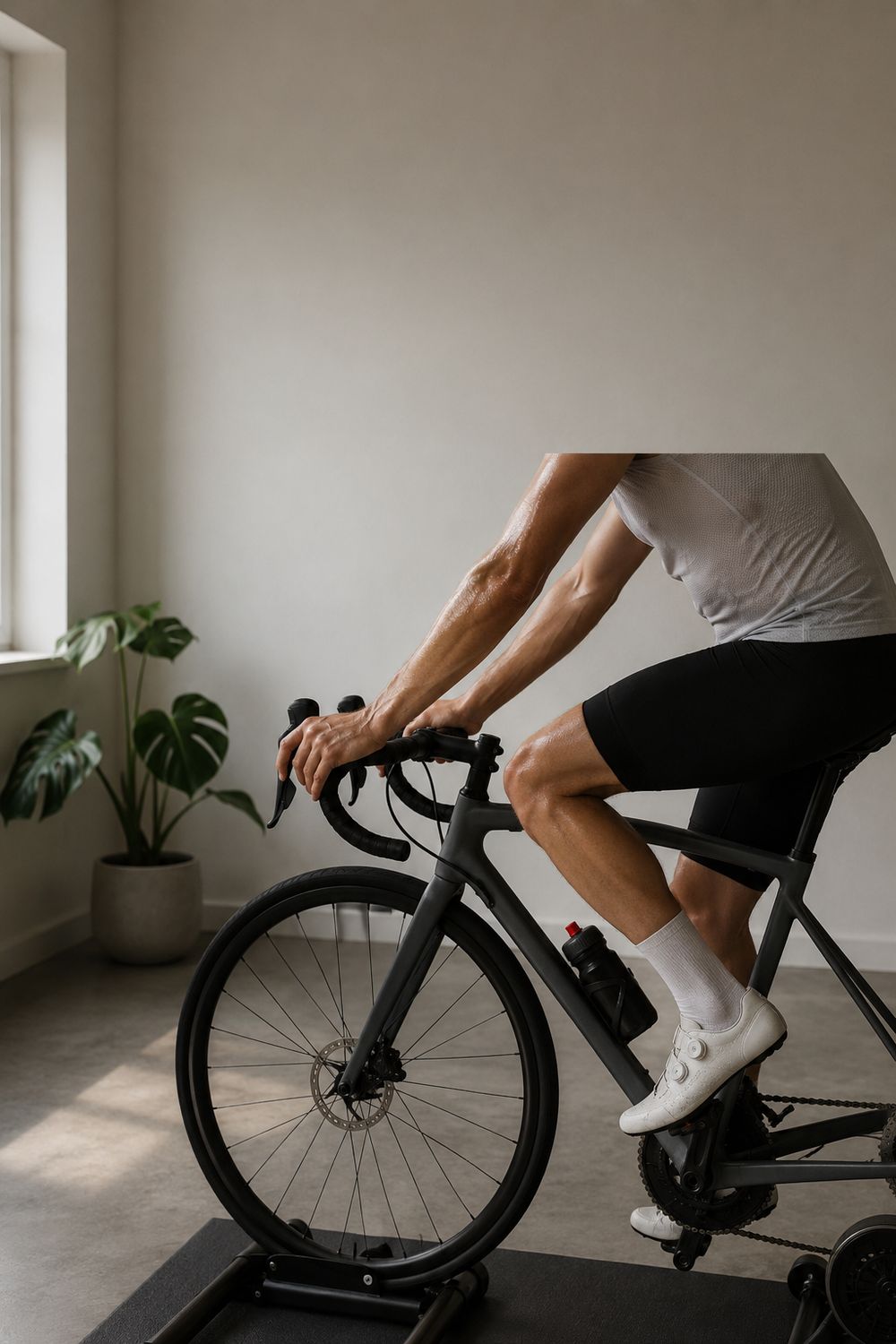 Cyclist on an indoor trainer during an easy aerobic session in a minimal home gym