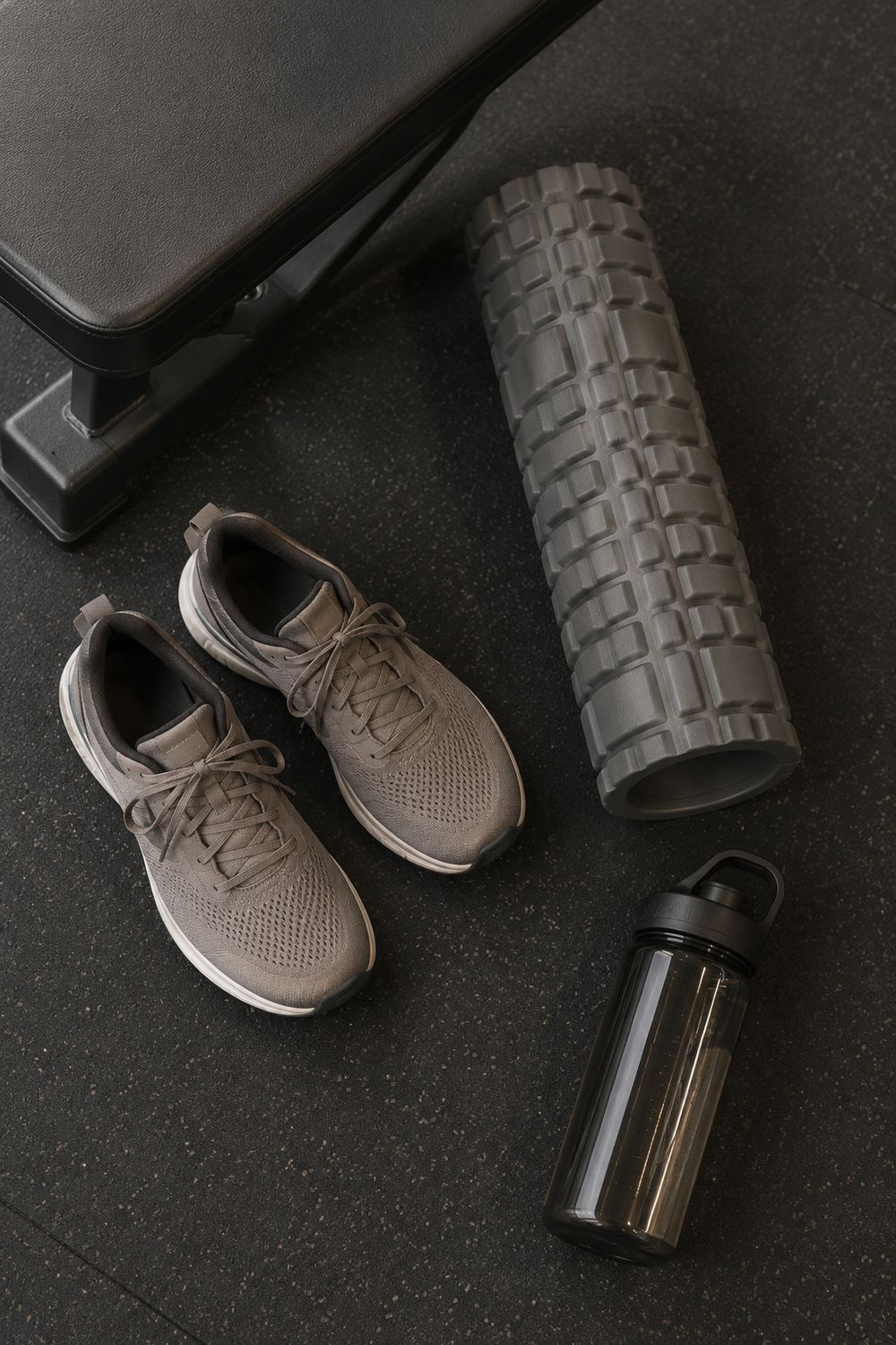 Training shoes, a foam roller and a water bottle on a gym floor beside a bench, overhead flat lay