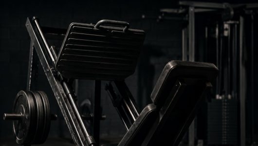 Leg press machine in a quiet gym, set up for a beginner machines-only leg day
