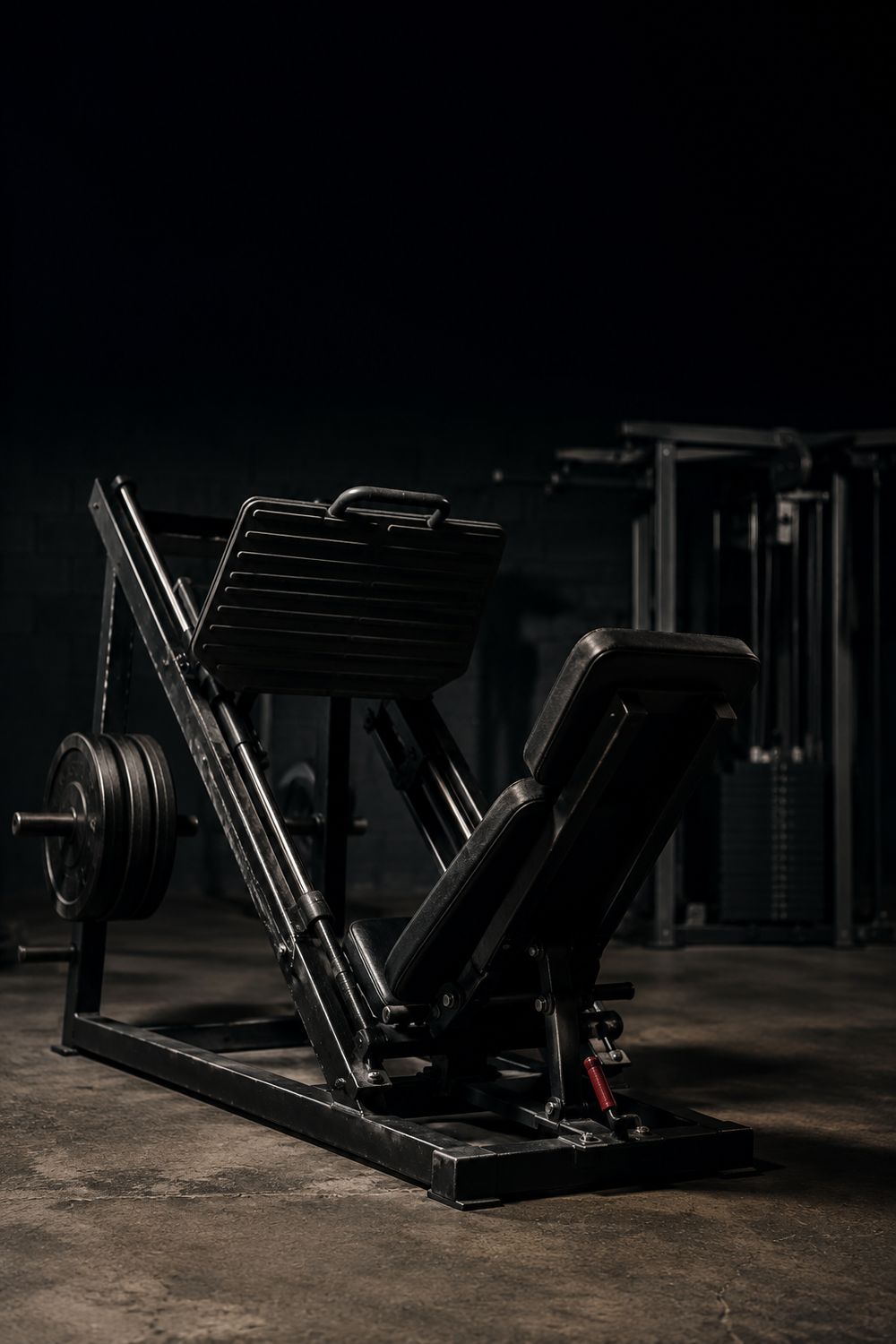 A leg press machine set up in a quiet gym, seat and footplate in frame, no people