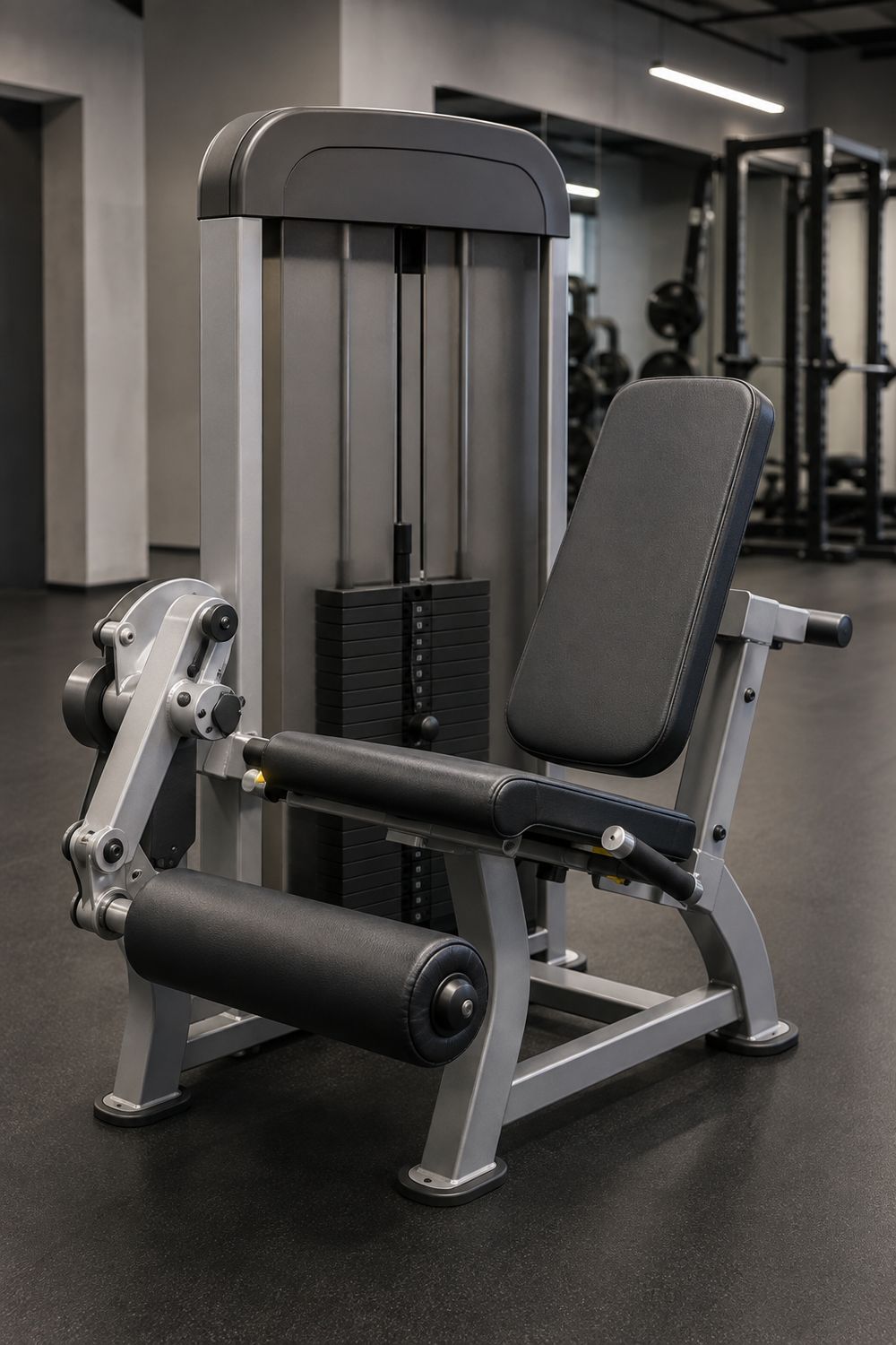 A leg extension machine in an empty gym showing the seat, pad and weight stack