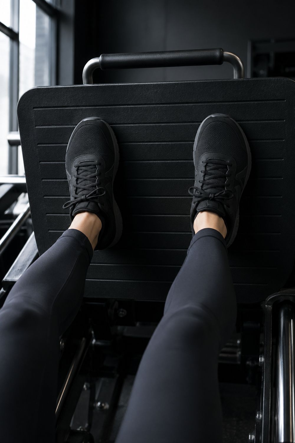 Close-up of feet planted shoulder-width on the footplate of a leg press machine