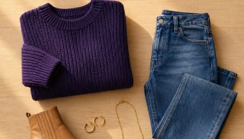 Flat-lay of a purple and gold game day outfit with a knit sweater, jeans, tan boots and gold jewellery
