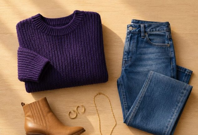 Flat-lay of a purple and gold game day outfit with a knit sweater, jeans, tan boots and gold jewellery