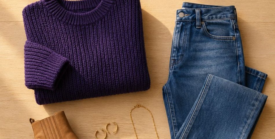 Flat-lay of a purple and gold game day outfit with a knit sweater, jeans, tan boots and gold jewellery