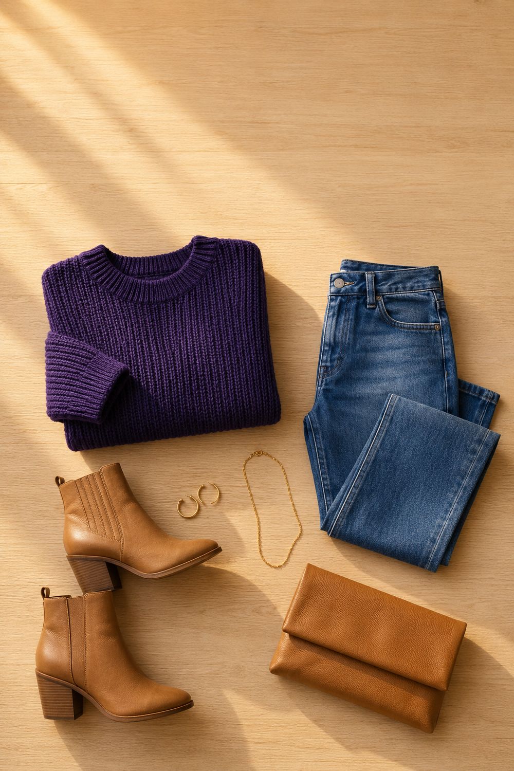 Flat-lay of a purple and gold game day outfit with a knit sweater, jeans, tan boots and gold jewellery