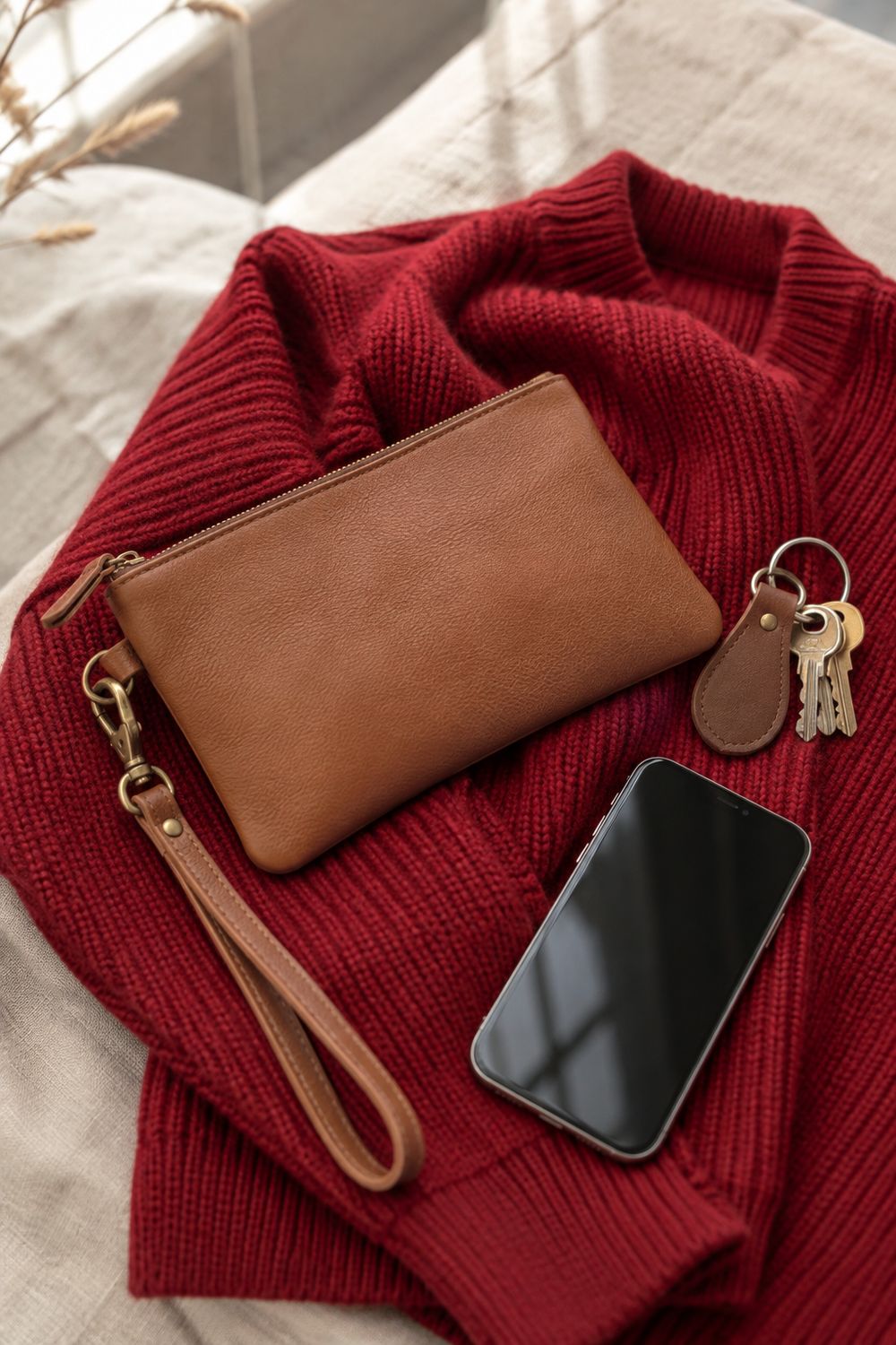 A small tan leather wristlet clutch on a scarlet knit sweater beside a phone and keys, sized for a no-bag stadium policy