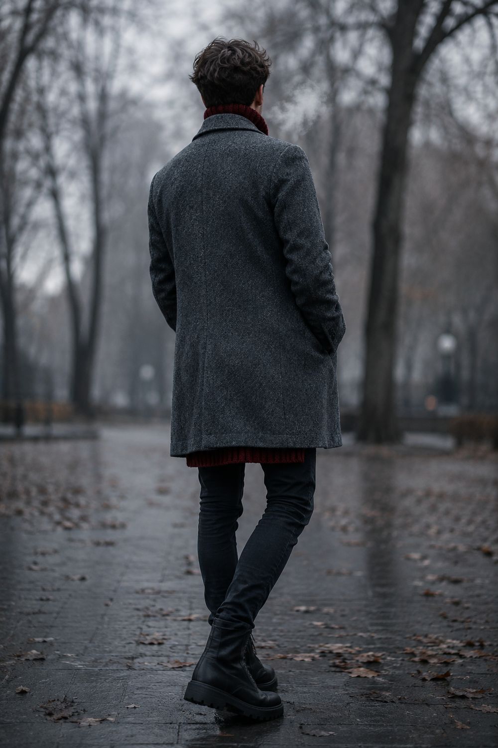 A cold weather game day outfit seen from behind — grey wool coat over a scarlet knit with dark jeans and chunky boots