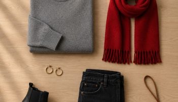 Flat-lay of a scarlet and grey game day outfit with a knit sweater, scarf, jeans and black boots