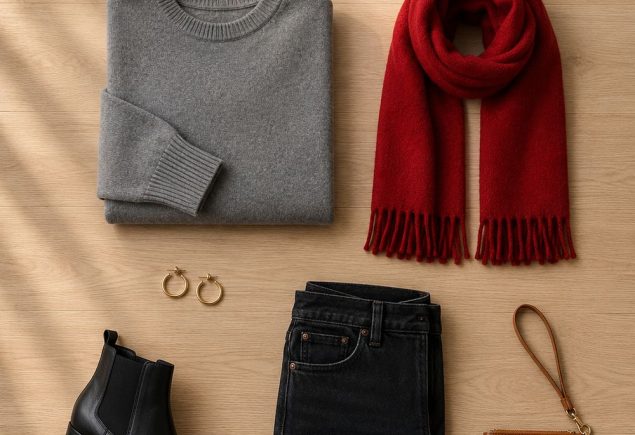 Flat-lay of a scarlet and grey game day outfit with a knit sweater, scarf, jeans and black boots