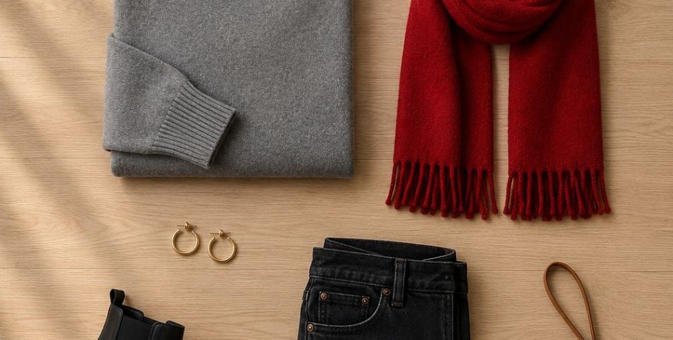 Flat-lay of a scarlet and grey game day outfit with a knit sweater, scarf, jeans and black boots