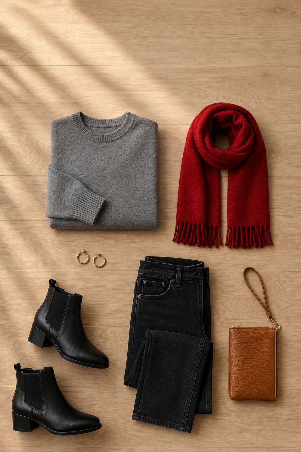 A scarlet and grey game day outfit laid out flat with denim, a knit and boots