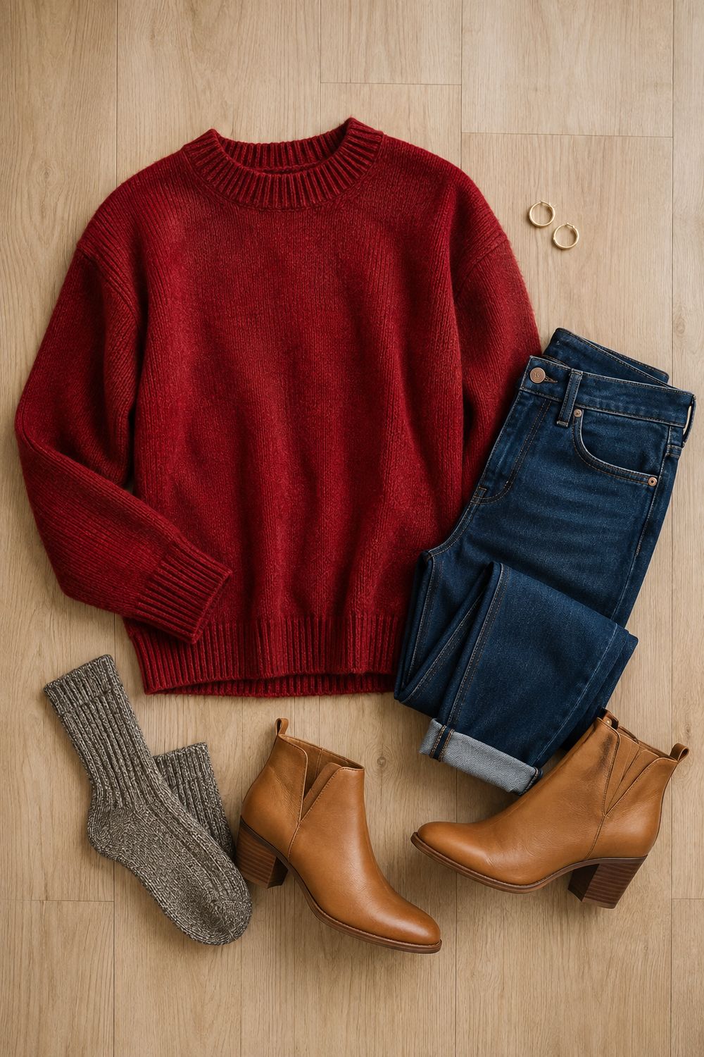 A flat lay game day outfit — deep scarlet knit sweater, blue jeans, grey wool socks and tan leather ankle boots