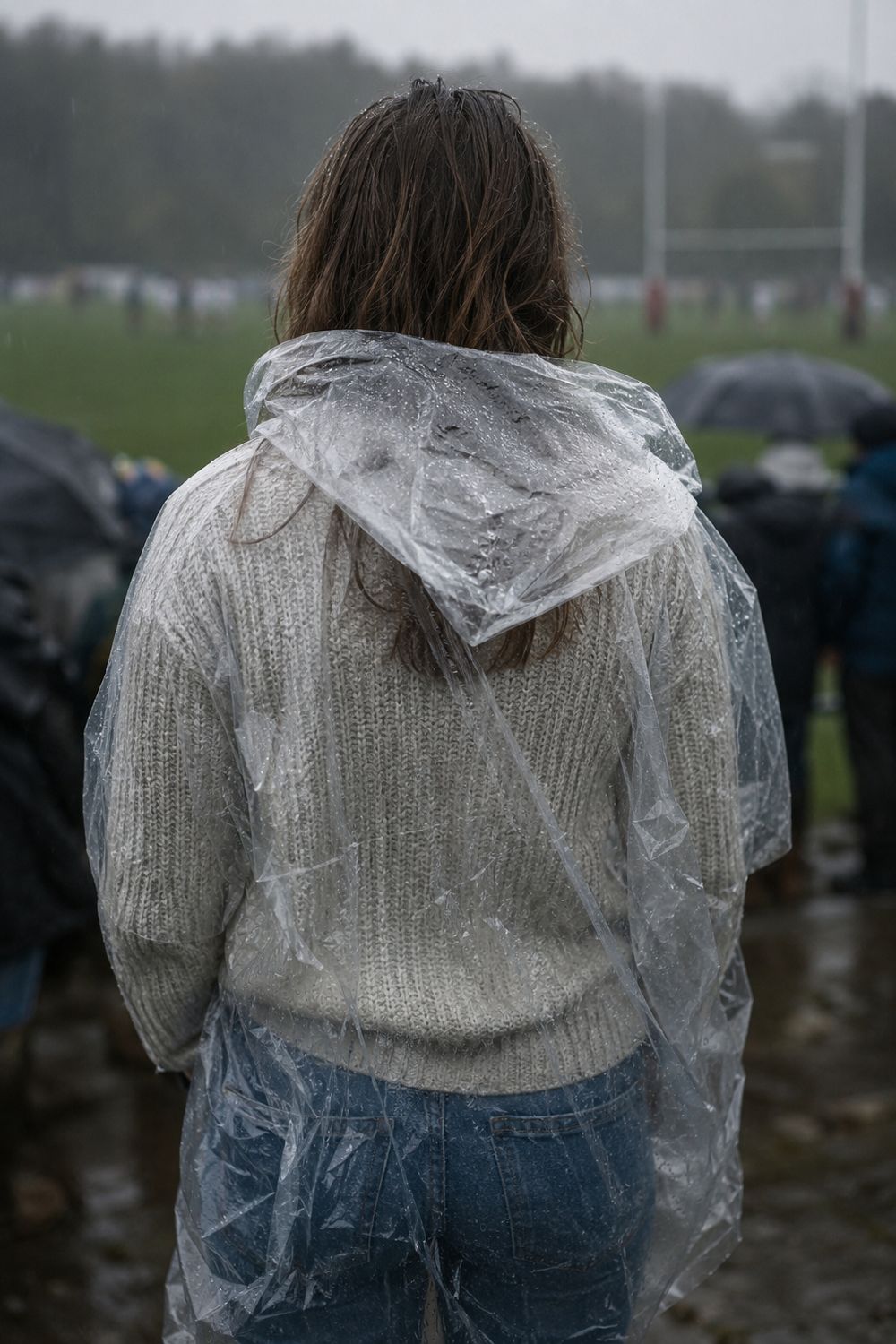 A clear rain poncho worn over a cream knit sweater and jeans at a wet outdoor football game