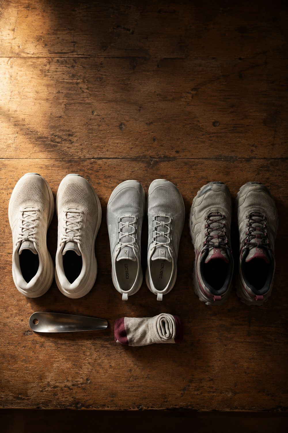 A running shoe being fitted, showing thumb-width space at the end of the toe box
