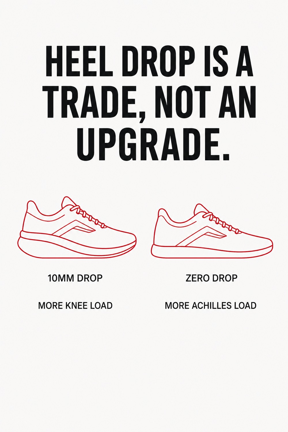 A side-on view of two running shoes showing the difference between a high and low heel-to-toe drop