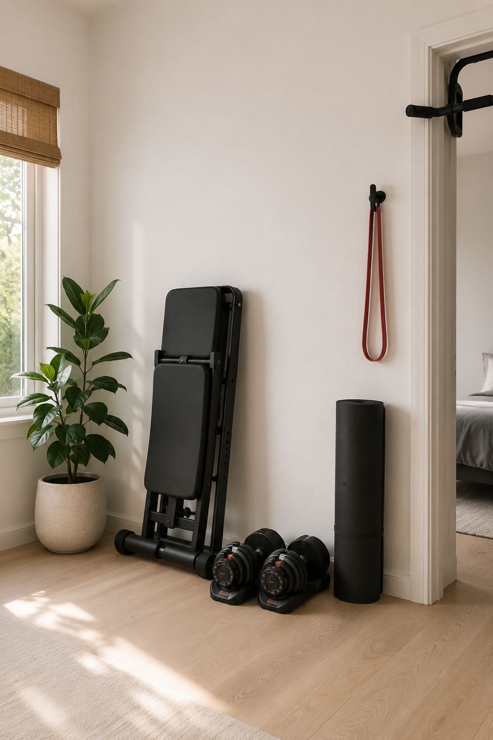 A compact home gym set up in the corner of a spare room with a rack, bench and mat