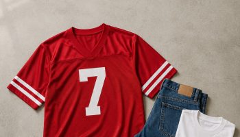 Sports jersey outfit flat-lay: generic red football jersey with number 7, straight jeans, white long sleeve and clean trainers