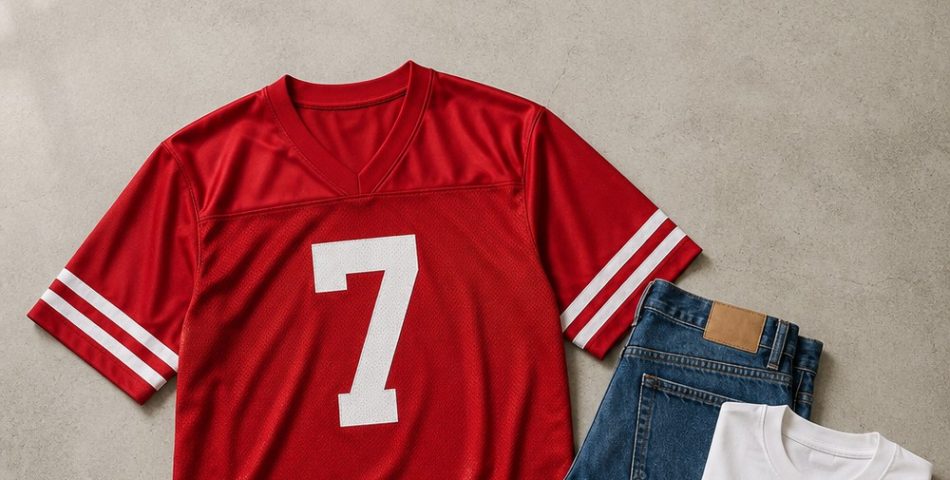 Sports jersey outfit flat-lay: generic red football jersey with number 7, straight jeans, white long sleeve and clean trainers