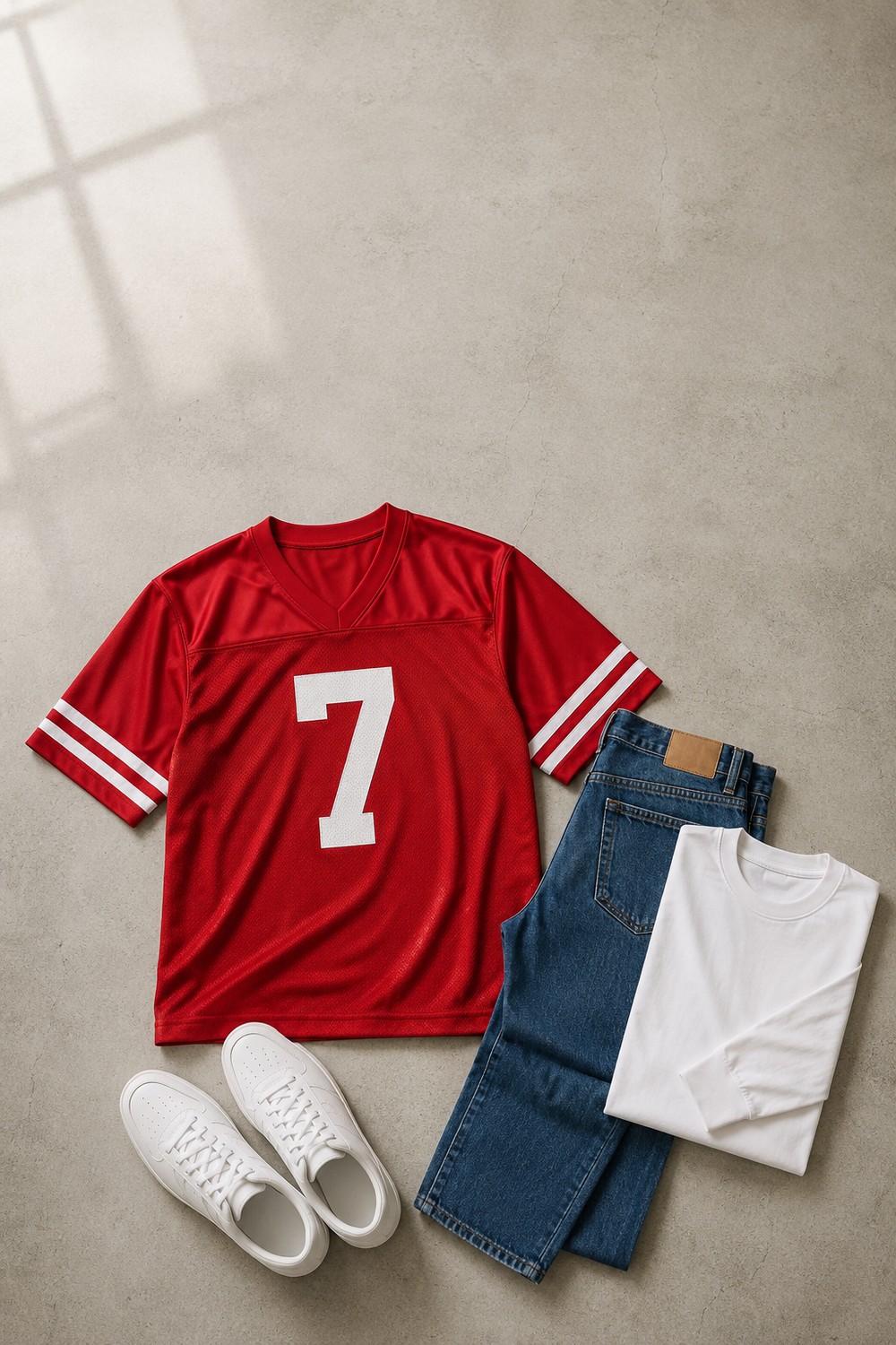 Sports jersey outfit flat-lay: generic red football jersey with number 7, straight jeans, white long sleeve and clean trainers