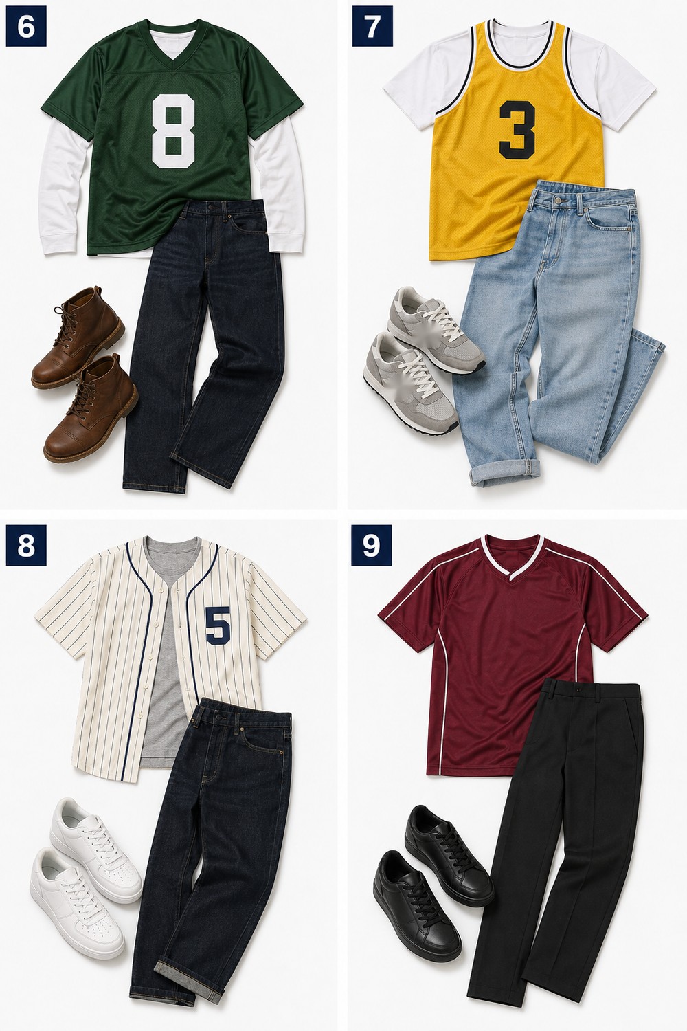 Four sports jersey outfit formulas for men shown as numbered flat-lays with generic jerseys
