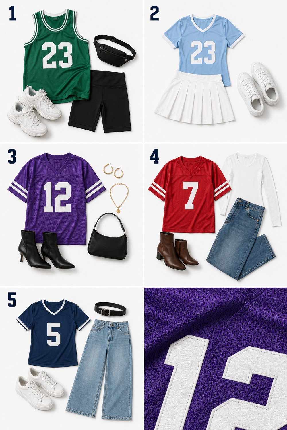 Five sports jersey outfit formulas for women shown as numbered flat-lays with generic jerseys