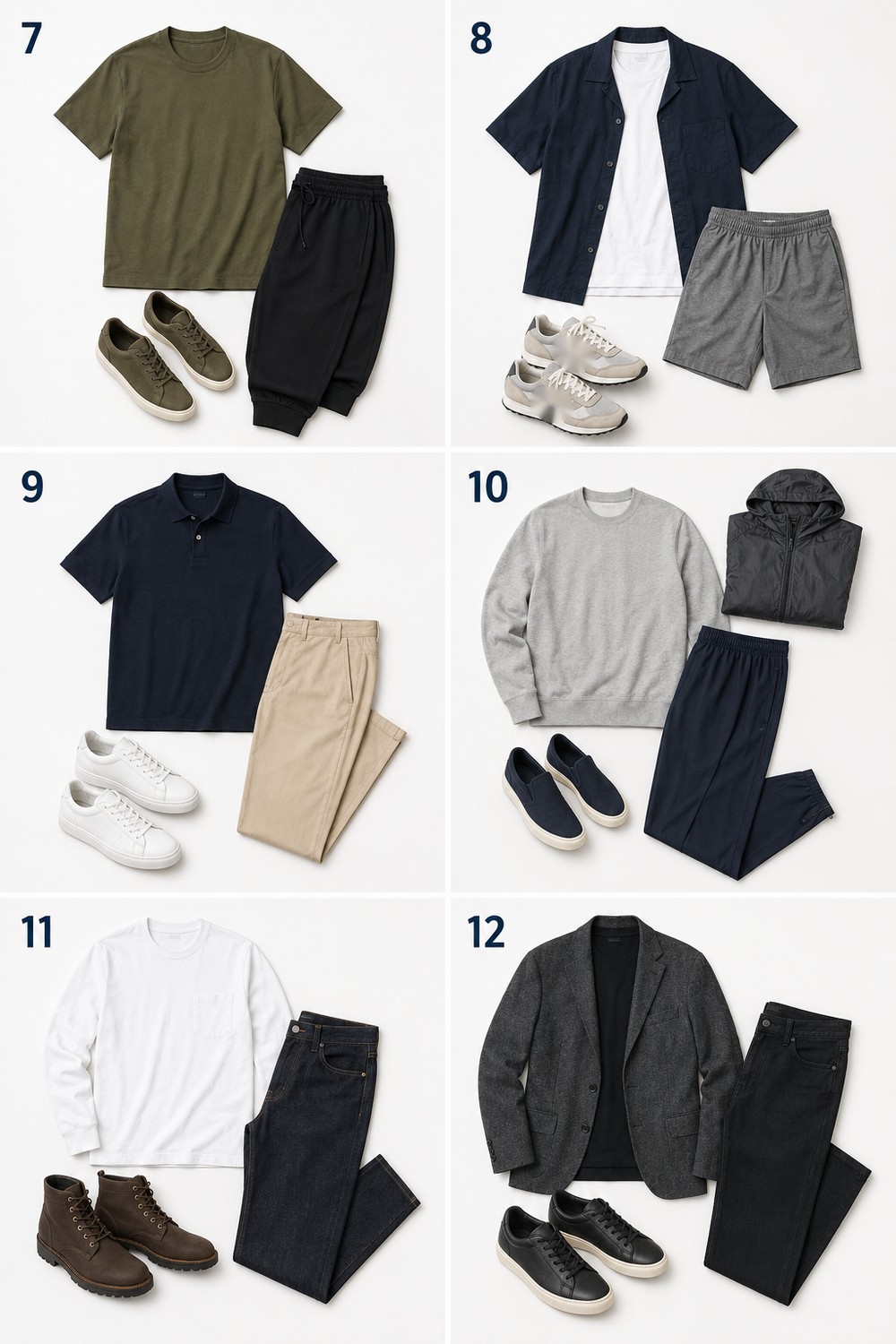 Six sporty outfit formulas for men shown as numbered flat-lays, looks 7 to 12