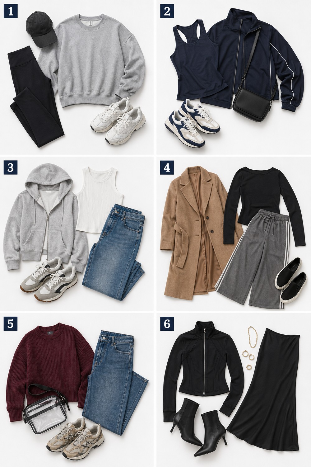 Six sporty outfit formulas for women shown as numbered flat-lays, looks 1 to 6