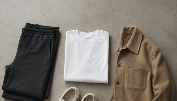Sporty outfit flat-lay: charcoal track pants, plain white tee, camel wool overshirt and off-white trainers on concrete