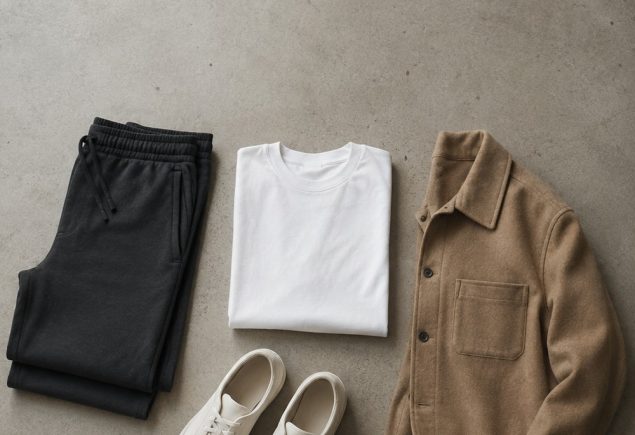 Sporty outfit flat-lay: charcoal track pants, plain white tee, camel wool overshirt and off-white trainers on concrete
