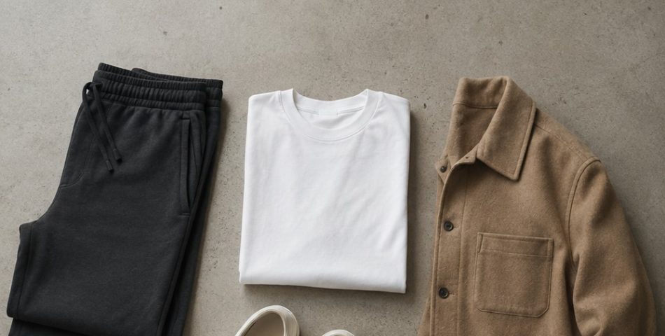 Sporty outfit flat-lay: charcoal track pants, plain white tee, camel wool overshirt and off-white trainers on concrete