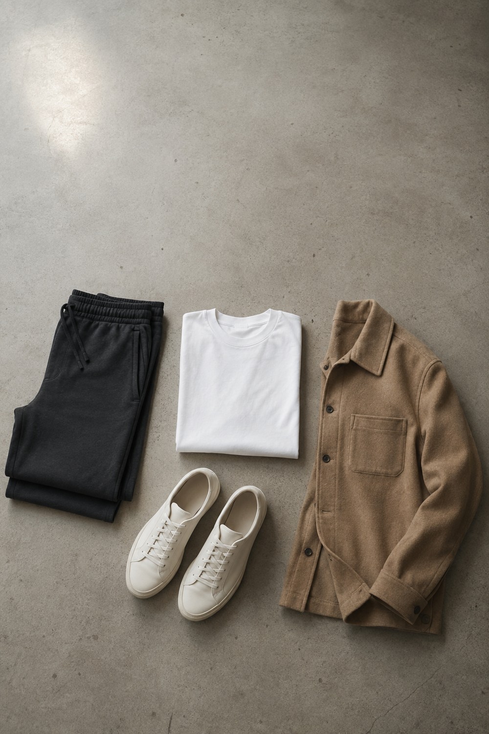 Sporty outfit flat-lay: charcoal track pants, plain white tee, camel wool overshirt and off-white trainers on concrete