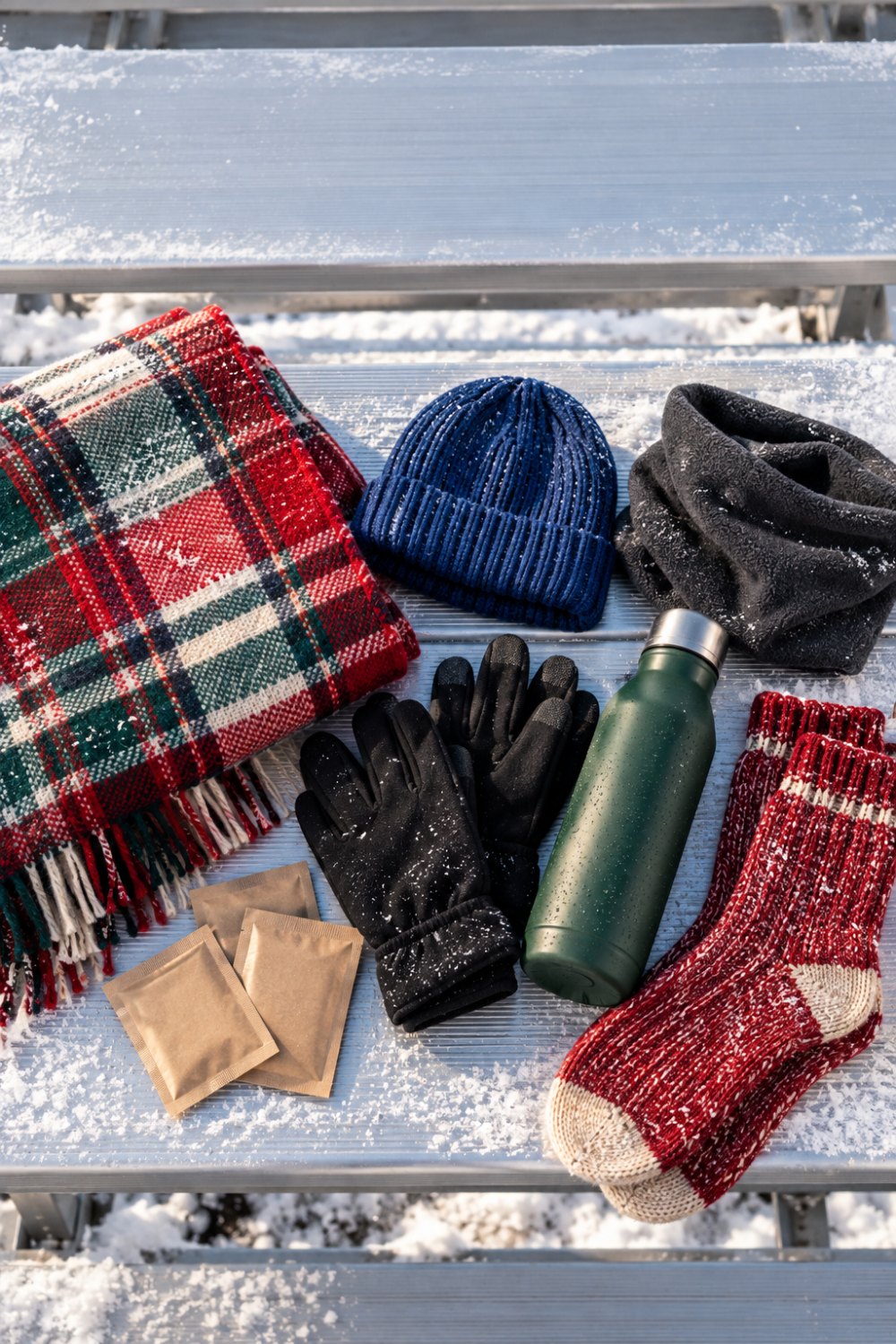 A tartan blanket, blue beanie, fleece neck gaiter, touchscreen gloves, plain hand warmer packets, a green insulated bottle and red wool socks on a snowy aluminum stadium bleacher