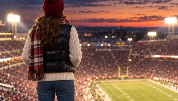 A woman seen from behind in the upper rows of a snowy college football stadium at dusk, wearing a red pom-pom beanie, plaid scarf, black puffer vest over a cream cable knit and straight jeans