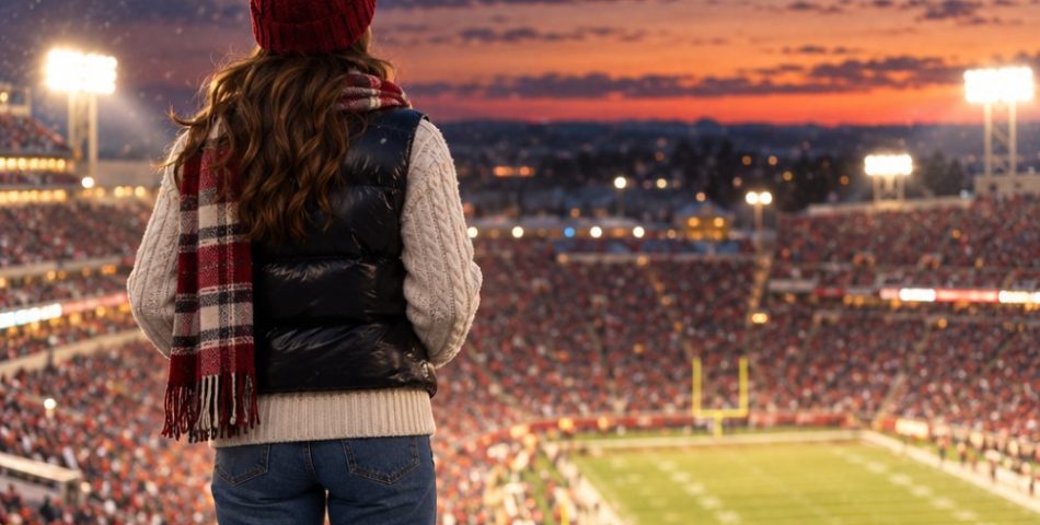 A woman seen from behind in the upper rows of a snowy college football stadium at dusk, wearing a red pom-pom beanie, plaid scarf, black puffer vest over a cream cable knit and straight jeans
