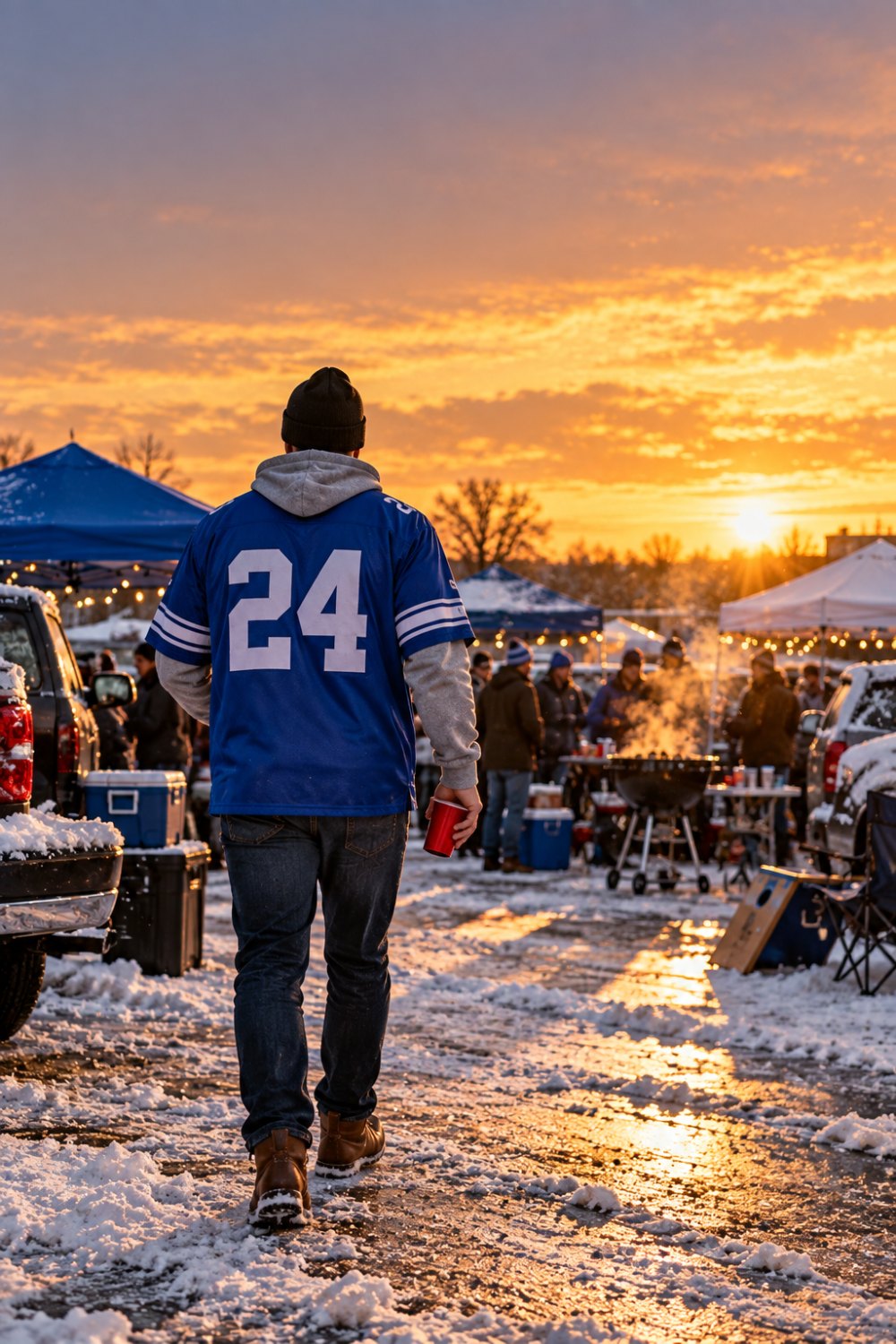 A fan seen from behind at a snowy tailgate at sunset wearing a blue football jersey with a white number 24 layered over a grey hoodie, with a black beanie, dark jeans and leather boots