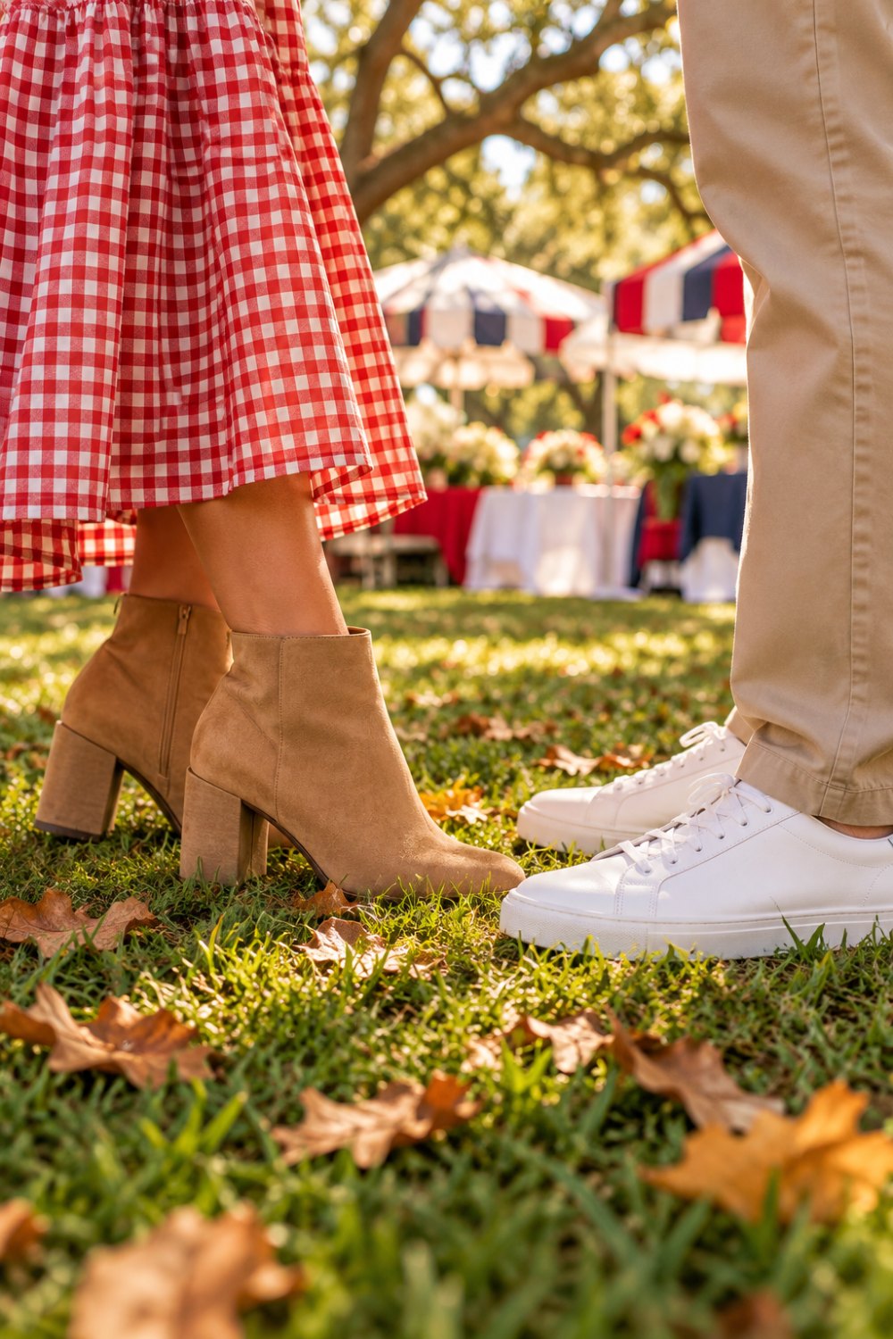 Close-up of tan suede block-heel ankle boots under a red gingham dress beside white leather sneakers under khaki chinos, standing on grass with fallen leaves at a tailgate